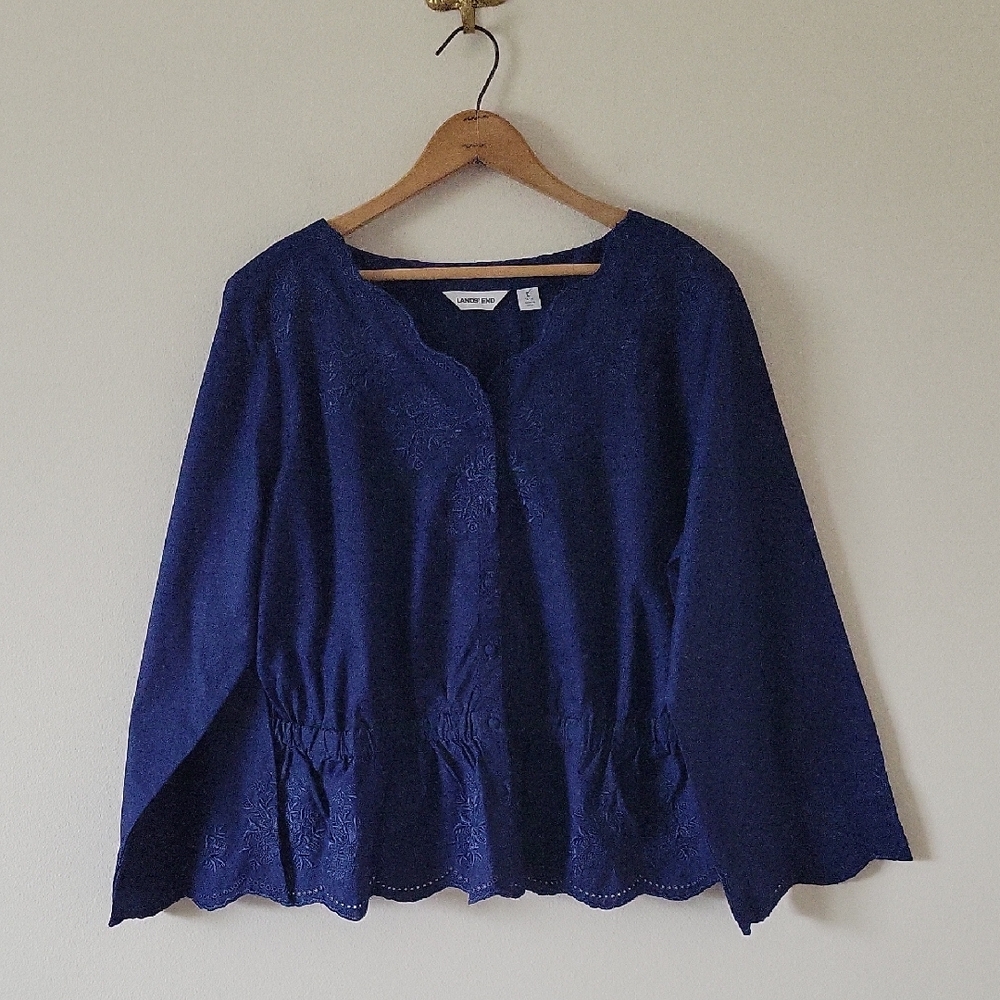 Lands' End Navy Cotton Embroidered Eyelet‎ Button Down Shirt Size Large